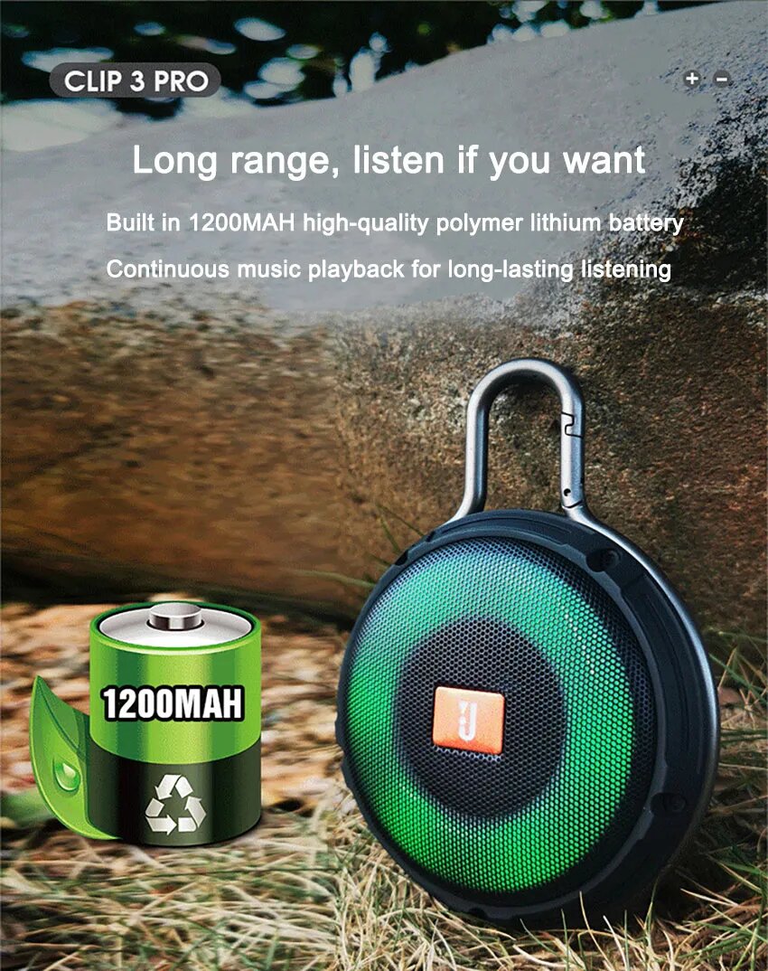 Altavoz Clip 3 Pro - Portátil, Bluetooth, Resistente al Agua, Ideal para Aventura