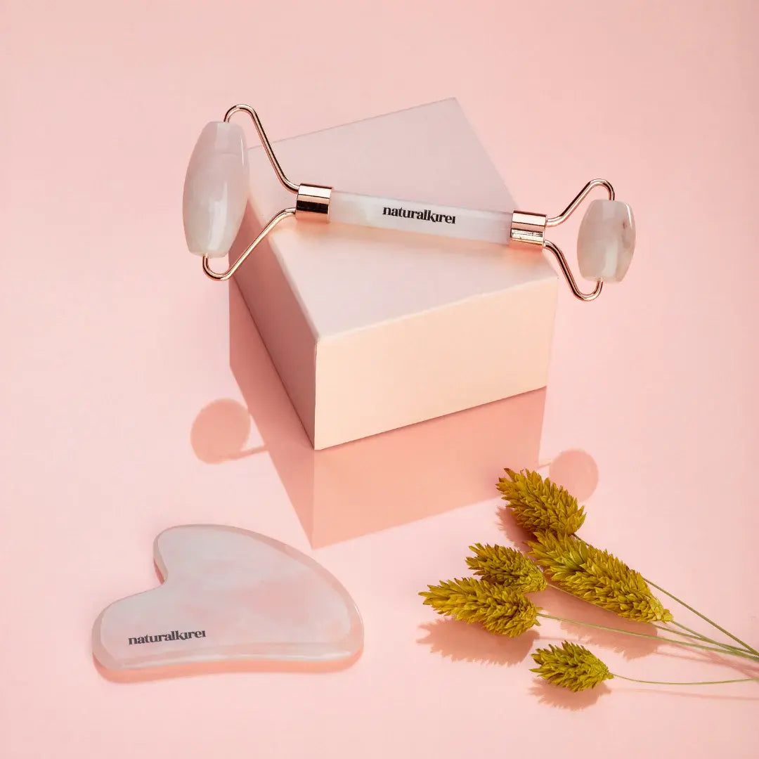 Rodillo Facial de Cuarzo Rosa y Gua Sha