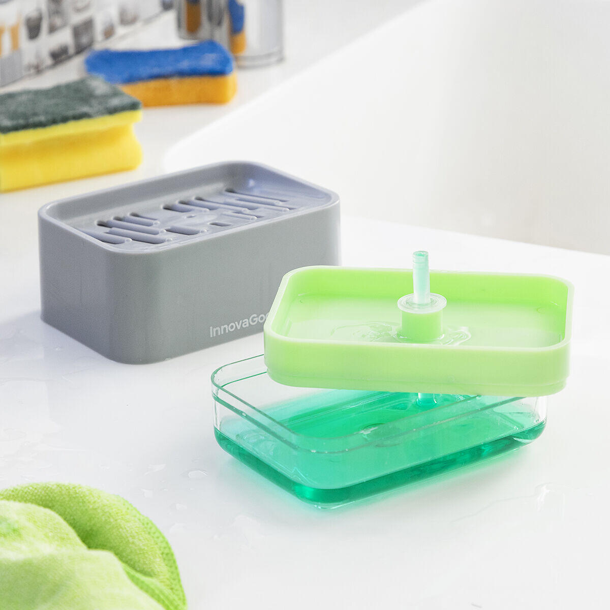 Dispensador de Jabón 2 en 1 para Fregadero Pushoap